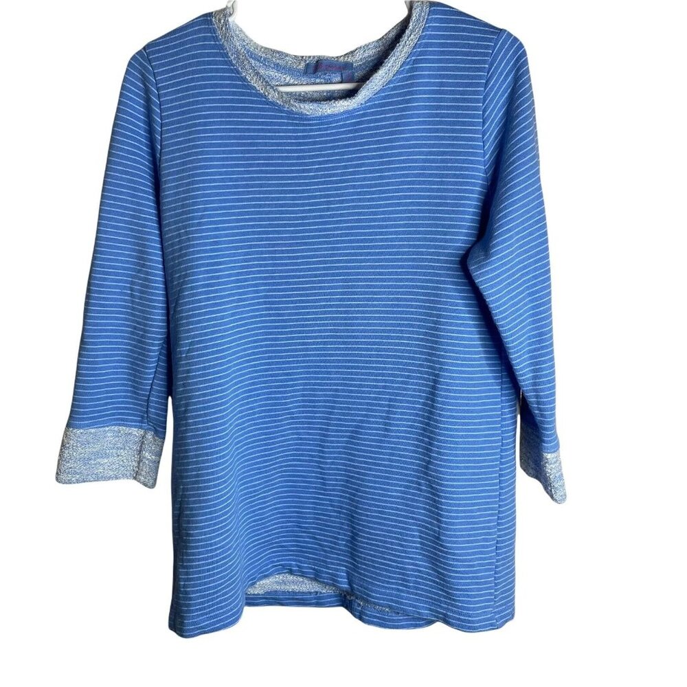 Fresh Produce Sweatshirt Womens XS 3/4 Sleeve Top Blue White Stripe Crew Neck